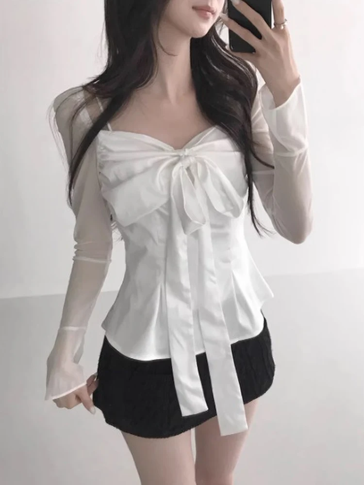 

Silk Satin Strapl Chiffon Blouse Knot Slimming See tough Long Sve Women's Comfortable Breathable Spring irt