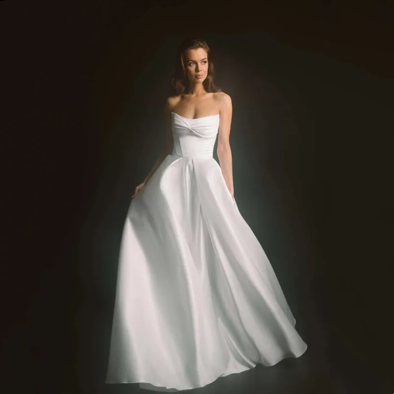 

Love Elegant Satin Ivory A-Line Wedding Dresses Simple Detachable Lace Long Sleeves High Neck Floor Length Backless Customized