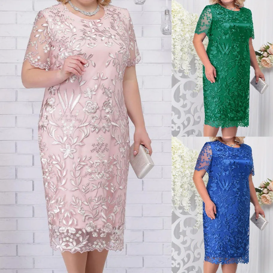 

4xl 5xl Plus Size Summer Dresses for Wedding Guest Women's Short Sleeve Lace Floral Elegant Bodycon Formal Party Dresses