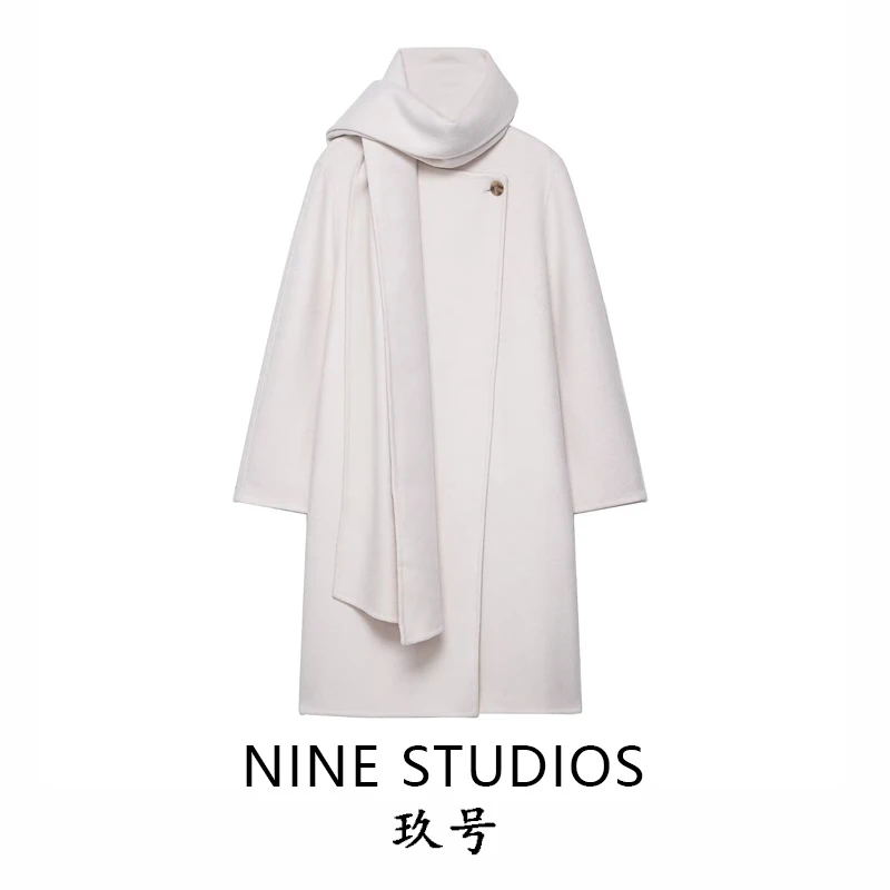 

Длинное пальто ручной работы из смесовой шерсти с декоративным шарфом, женская модная ретро-ветровка прямого кроя с длинными рукавами