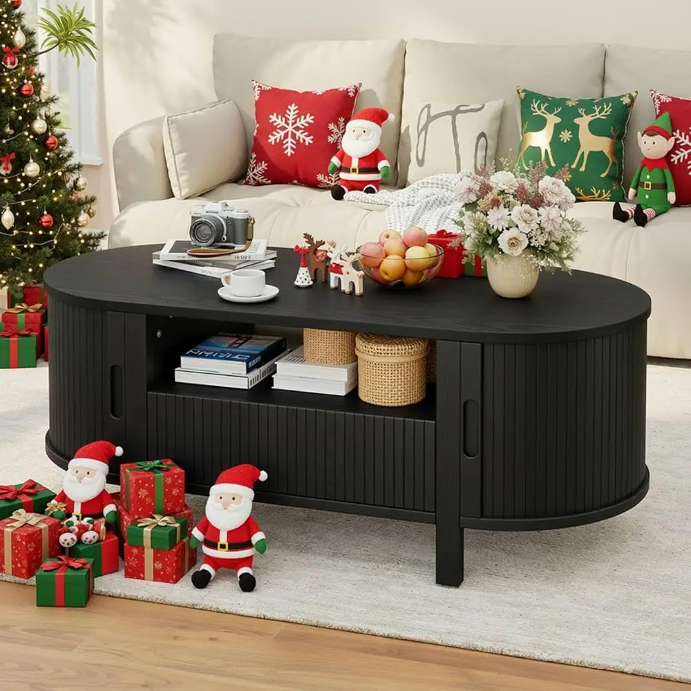 

Овальный кофейный столик 47 дюймов, кофейные столики в стиле тамбур для гостиной, деревянный кофейный столик в стиле середины века, 3-уровневый акцентный столик