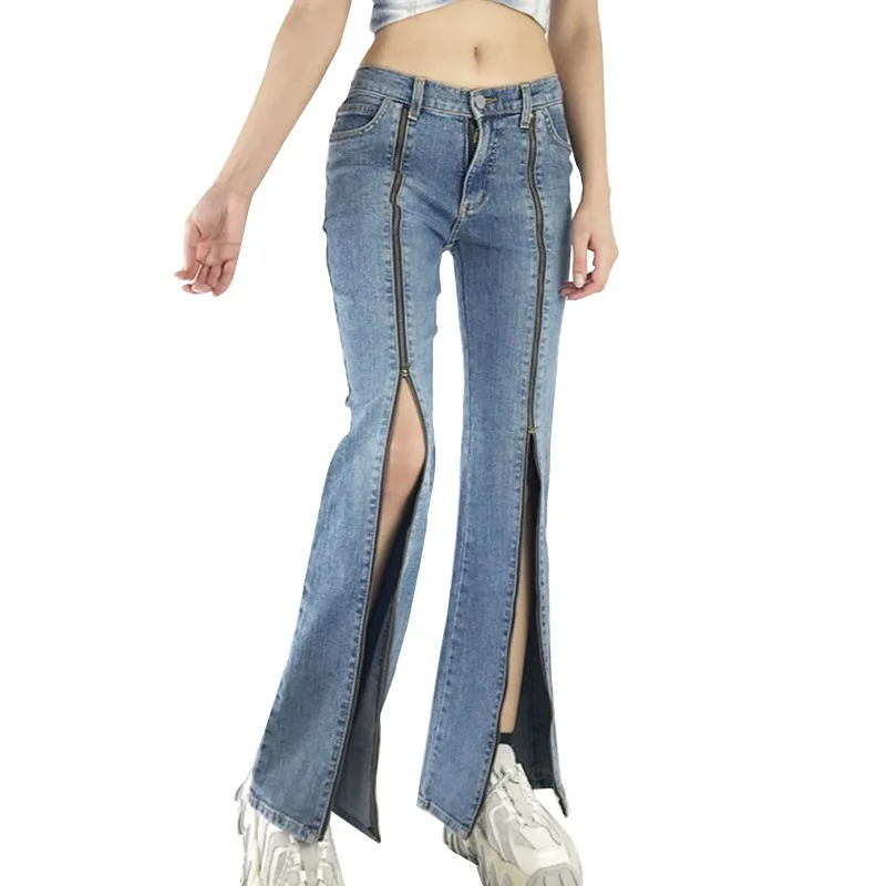 

Джинсы-клеш с микро-клеш, женские брюки с высокой талией и разрезом на молнии, эластичные брюки в стиле ретро, рабочие шикарные дизайнерские детали, весна-осень