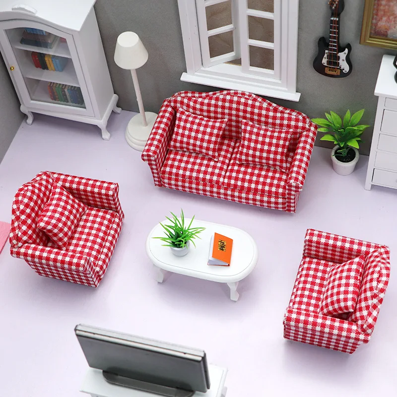 1:12 mini dollhouse furniture, miniature scene furniture, living room sofa decoration model, simulated red checkered sofa