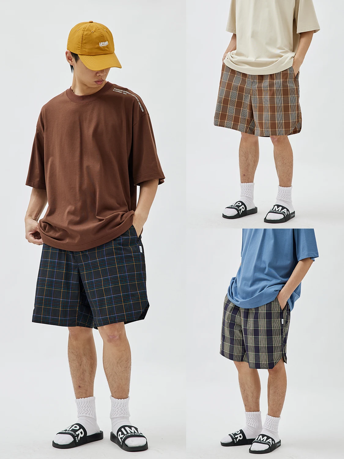 

LAPRIMA ket Zippered orts Lightweight Plaid Elastic Waist Casual Pants Youth Summer Faion Straight Leg Loose Fit