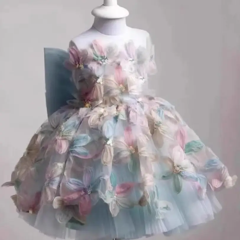 New High-end  Kid Girl Prom Dresses with Flowers Girls Birthday Party Dresses Big Bow Child Clothes