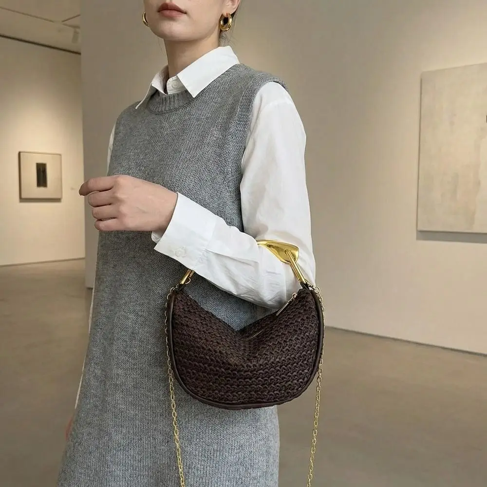 

Ретро-богемная сумка-полумесяц с плетеным узором, ажурная, вместительная, соломенная сумка через плечо с золотой ручкой, пляжная сумка для студентов