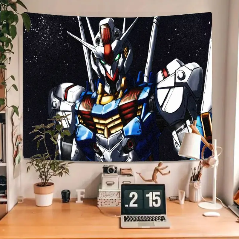 1PC Gundam-Style Futuristic Robot Tapestry Starry Night Sky White Blue Red Metallic Mech Wall Art Decor for Bedroom Living Room