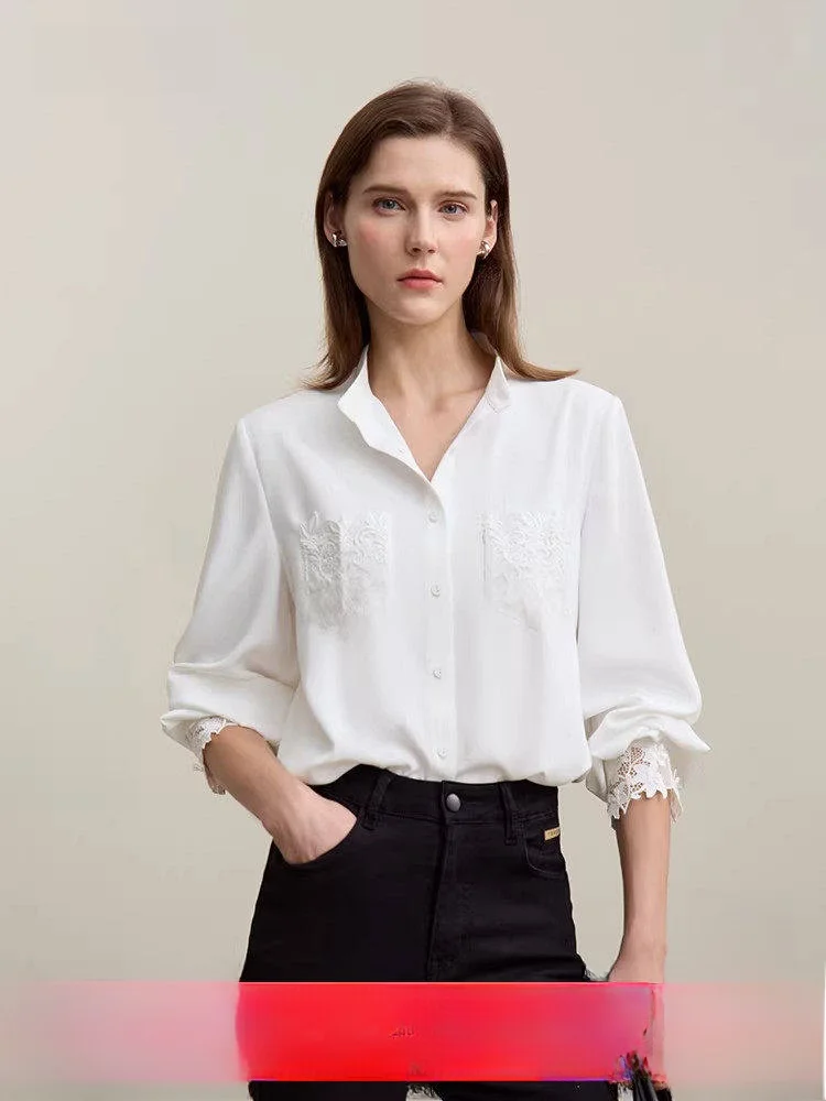 

Ele Commuter Sle Stand Collar Lace ket Chiffon Top Women's Loose Fit Long Sve Casual irt Spring New Arrival