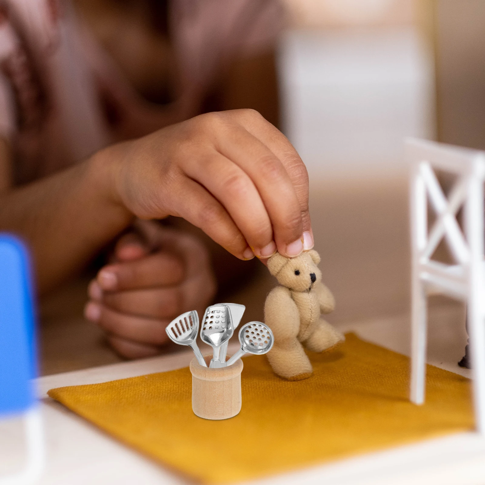 5-teiliges Mini-Küchenmöbel-Set im Maßstab 1:12, realistisches Puppenhaus-Set, Kochgeschirr aus Edelstahl, Werkzeuge für Miniaturszenen, Spielzimmer