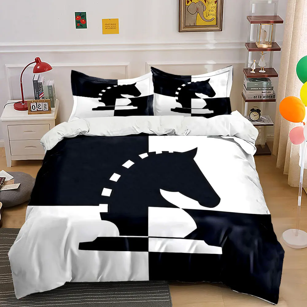 Black and White Chess Knight Print Soft Comfortable Duvet Cover Bedding Set Included 1*Duvet Cover 2*Pillowcases Luxury gifts