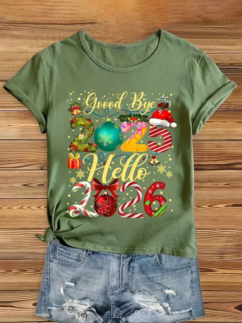 Good Bye 2025 مرحبا 2026 حفلة ليلة رأس السنة المرأة تي شيرت شجرة عيد الميلاد جرس الحلوى طباعة قصيرة الأكمام الجولة الرقبة بلايز عادية