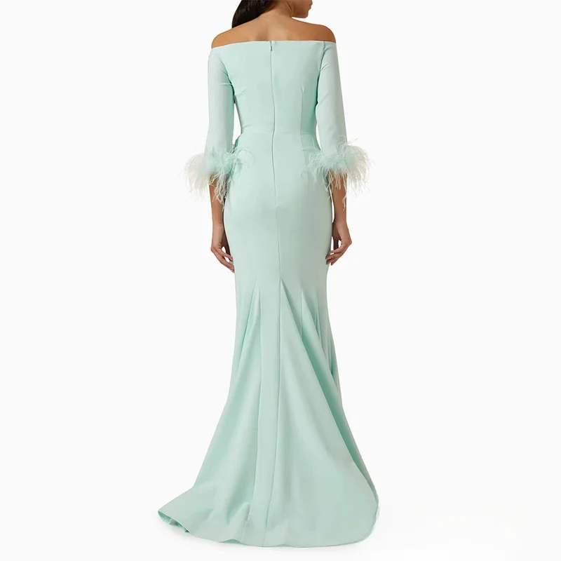 Customized Mint Mermaid Prom Dress 3/4 Sleeves Boat Neck Feathers Formal Occasion Dresses Sweep Train Saudi Evening Gown فساتين