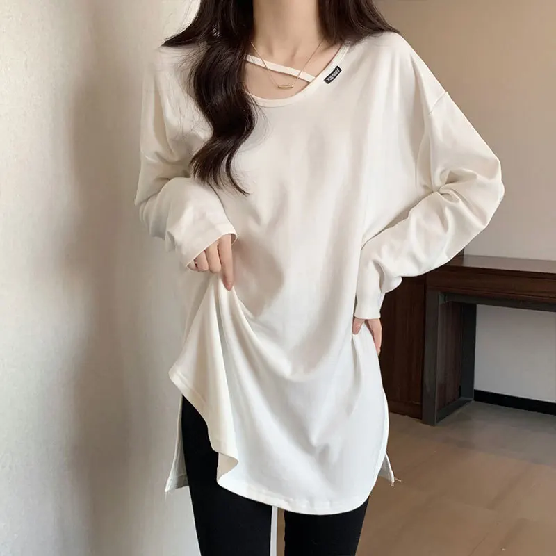 

Cotton Long Sve T-irt Women's Spring Autumn New Sle U-Ne Splice Pure Color Medium Length Casual Comfortable Top