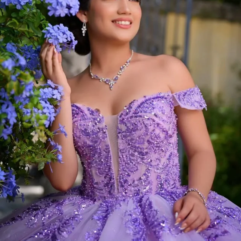 

Customized lavender purple Quinceanera Dresses Off the Shoulder sequin applique Tull Long tail Vestido 15 Quinceanera