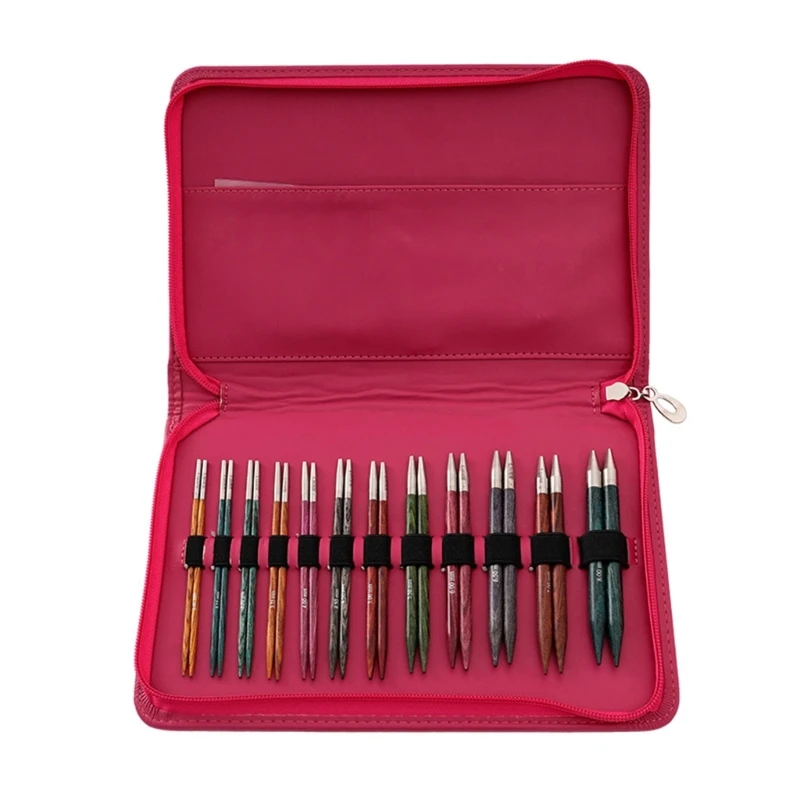 12Pairs Interchangeable Wood Circular Knitting Needle Set with Accessories, Leather Case for Knitting, 3.0mm-8.0mm