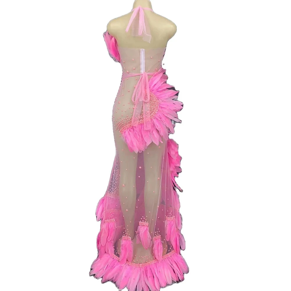 Vestido de sirena sin mangas con diamantes para mujer, traje de fiesta de cumpleaños, longitud hasta el suelo, perspectiva de gasa de plumas, ropa de club nocturno