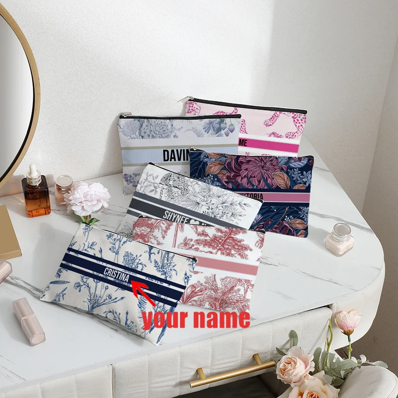 New Design Custom Name Makeup Bag for Women Gift Eco Canvas Travel Toiletry Cosmetic Organizer Trendy Brand Side Bag for Ladies