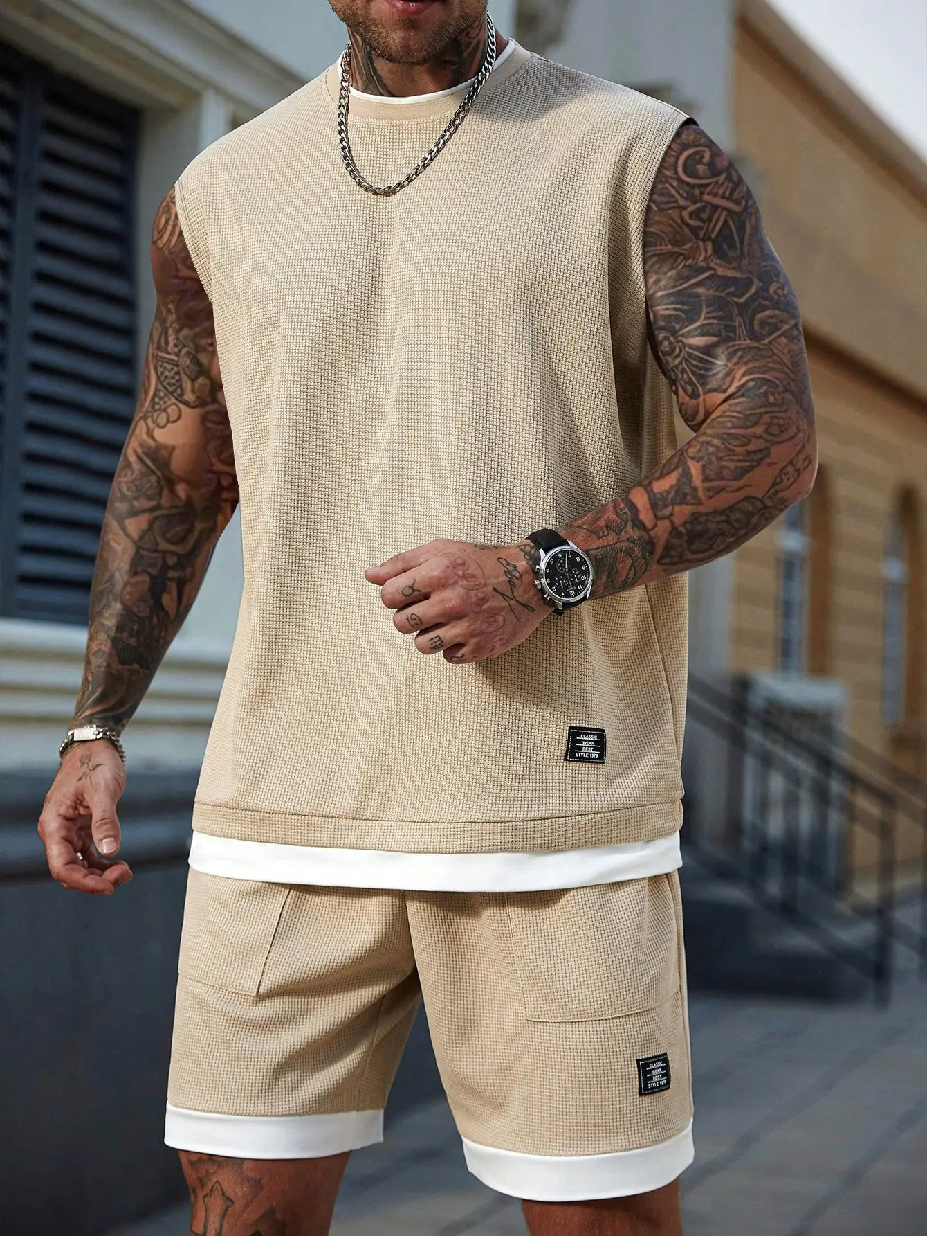 Men's Beige Waffle Knit Sleeveless Tank Top and Shorts Set, Casual Summer Outfit