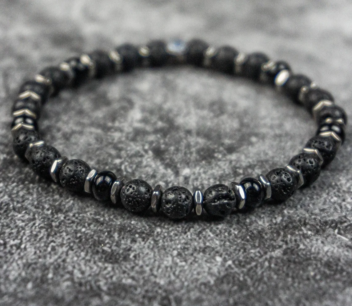 Mens Lava Stone Beaded Black Gemstone And Stainless Steel Waterproof Bracelet