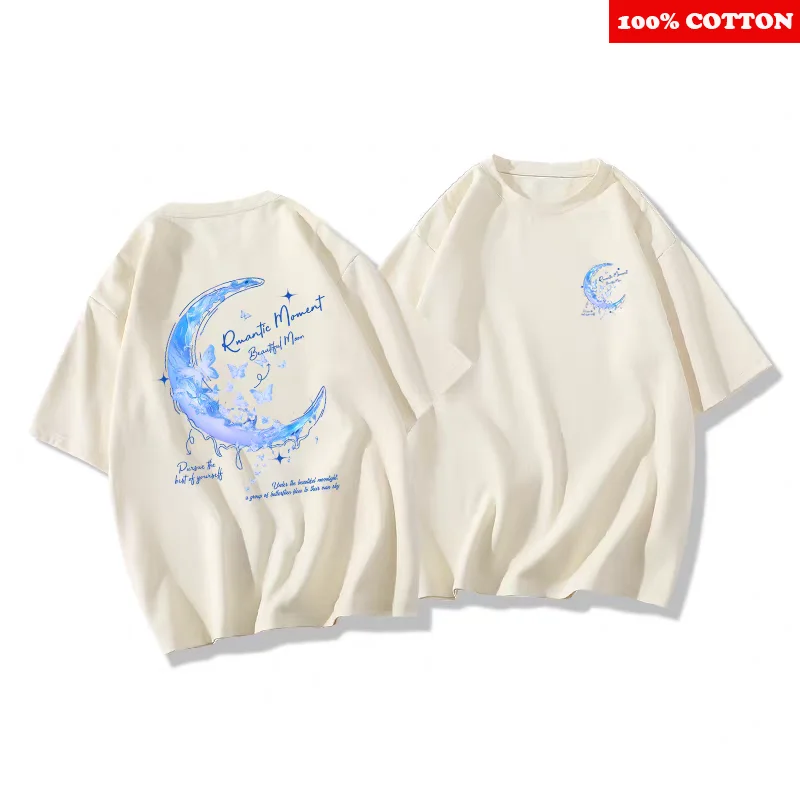 Camiseta con estampado de Luna Azul para mujer, camiseta de manga corta de algodón 100% de alta calidad, Tops Y2k, ropa elegante para mujer 2025