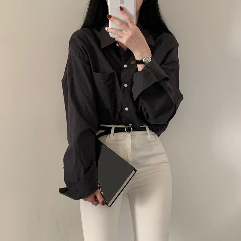 2024 Long Sleeve Office Women Shirt Lapel Casual Loose Blouse With Pocket Spring Autumn New Ladies Simple Blue Tops Mujer 8306#