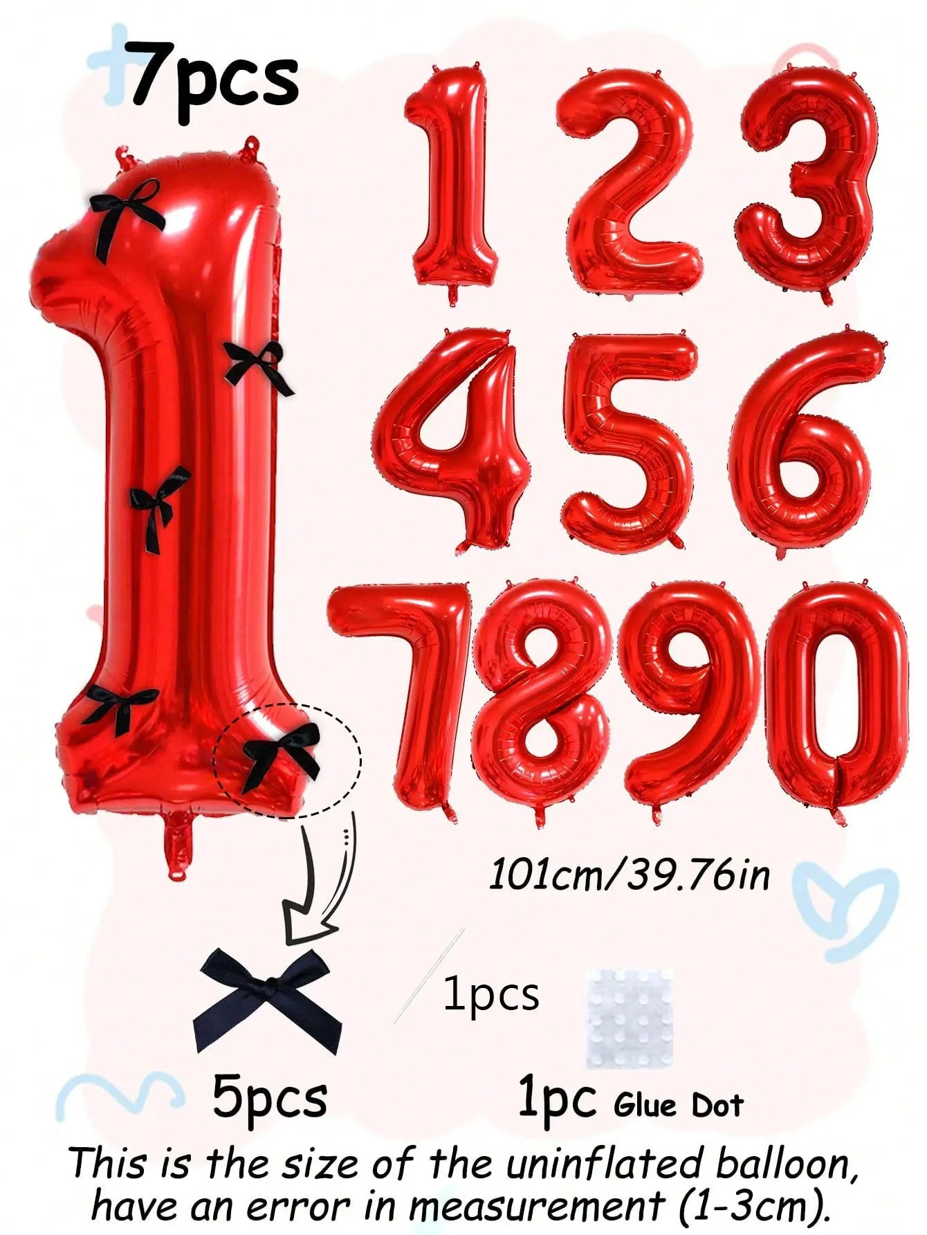 7 Stück/Set 40 Zoll rote Zahlenballons, schwarze Schleife Nummer 0-9 geformte Luftballons für Geburtstagsfeier, Jubiläumsdekoration – Detail 5