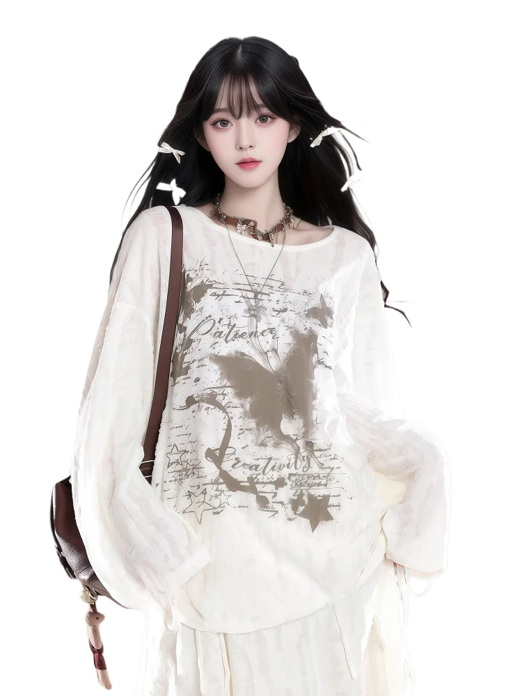 

Butterfly Long-sleeved T-shirt Women's Spring and Summer Lazy Style Ripped Loose Sunscreen Blouse Fashion Casual Spice Girl Top