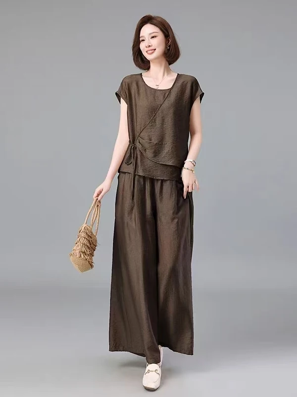 Faionable Summer 2025 Agel Loose Commute Simple Set Ele Senior Women's Cotton Long Pants ort Sve Two-Piece Suit - Image 3