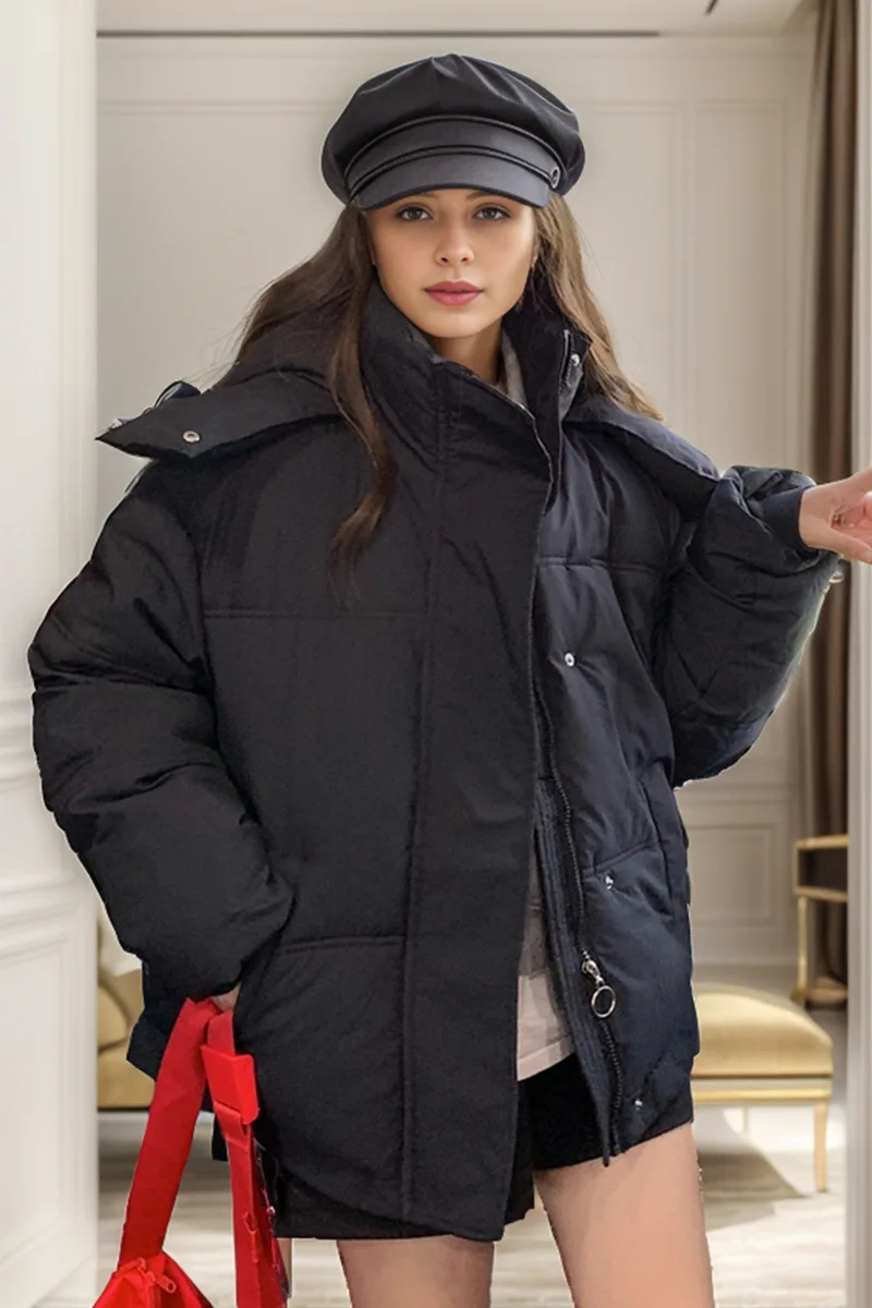 2024 Winter neue Damen Puffer jacke japanische und koreanische Mode einfarbig lässig Kapuze locker sitzende gepolsterte Jacke