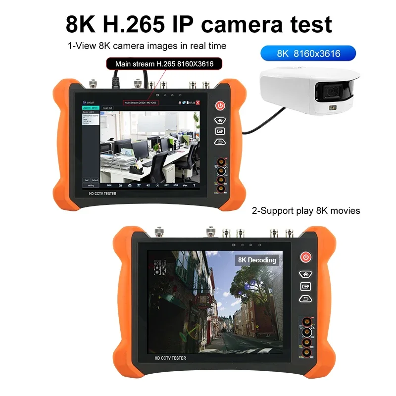 TOP Full Function IPC Tester X9-MOVTADHS Pro PoE++ 90W 8 inch 2K Retina Screen 8K H.265 IP CCTV Tester Cable Test