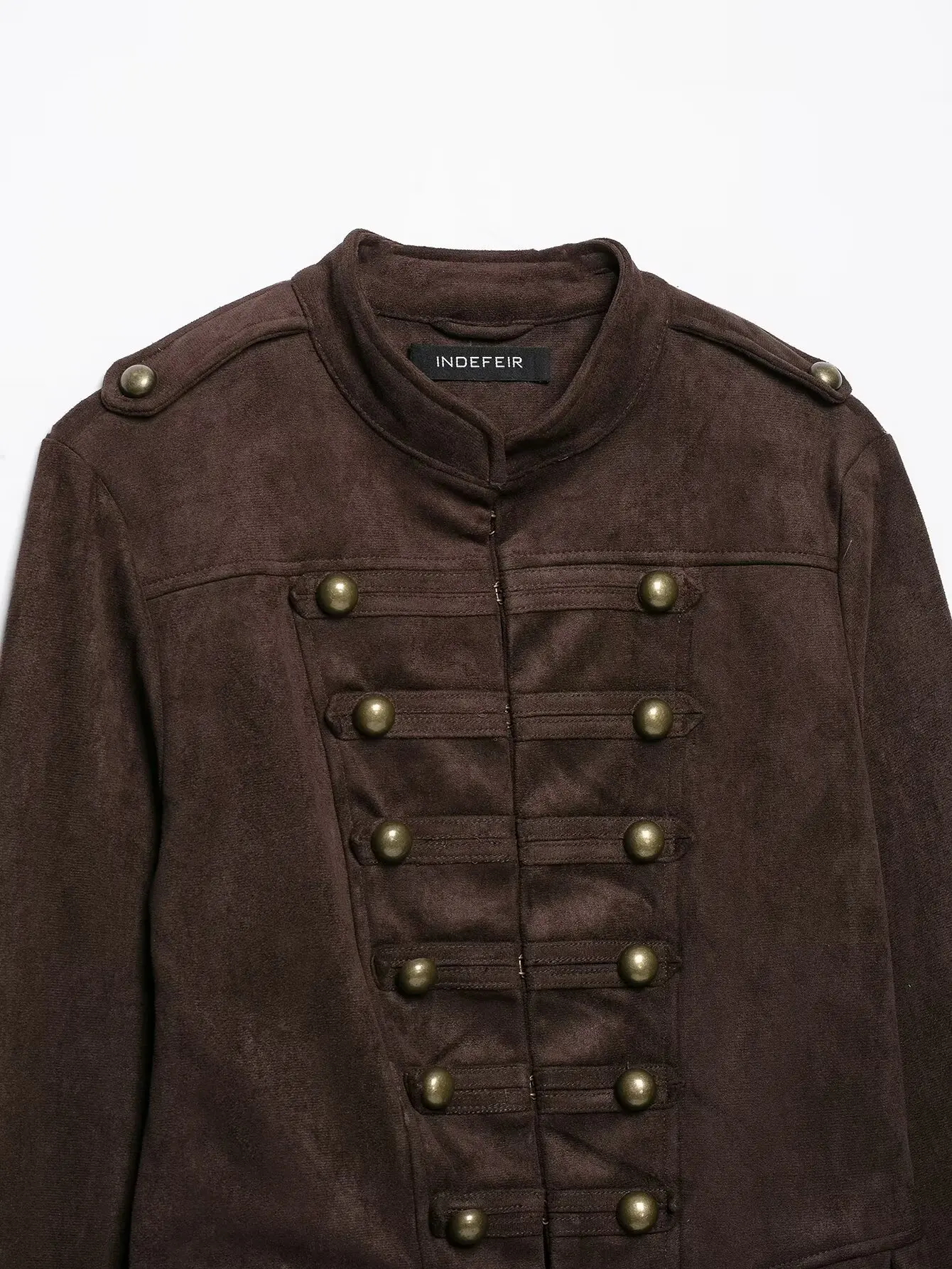 BSAY Vintage Militärjacke aus Kunstwildleder für Damen, Stehkragen, Metallknöpfe, plissierter Peplum-Rock, kurz geschnitten, langärmelige Oberbekleidung – Detail 12