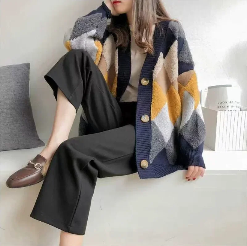 

Women Knit Sweater Argyle V Neck Casual Spliced Cardigan Sweaters Single Breasted Coats Thick Jumpers Casual Autumn Winter