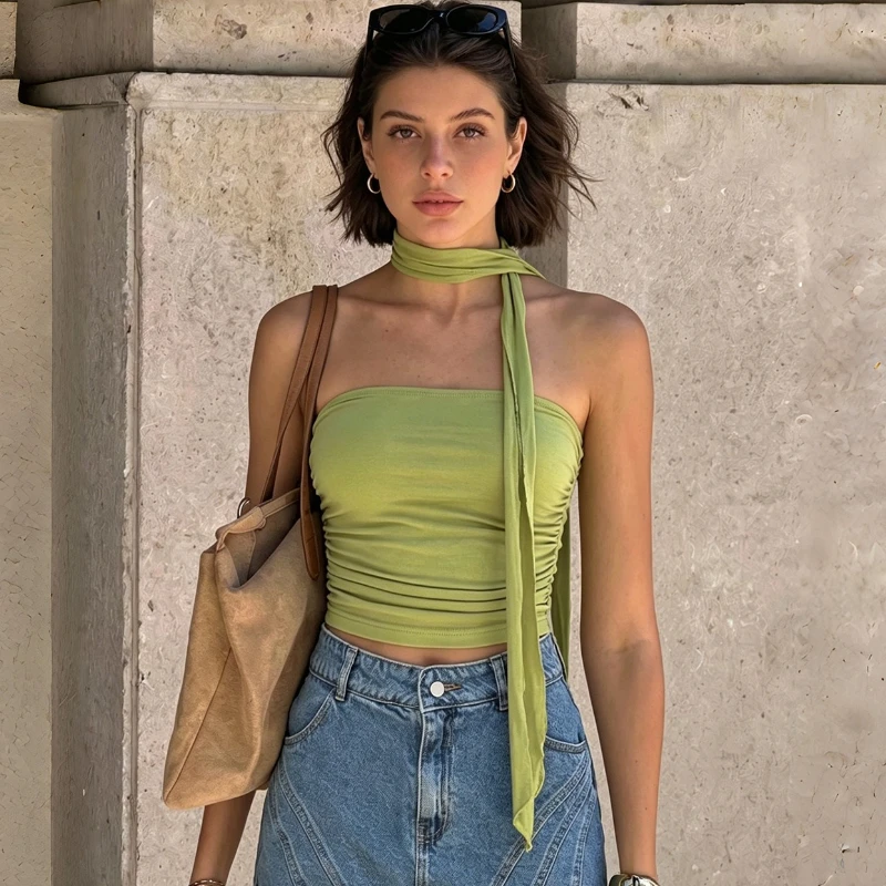 

Typhaland Sexy One-Shoulder Halter Tank Top Women's Solid Slim Sleeveless Ruched Cropped Top 2026 Summer New Holiday Party Top