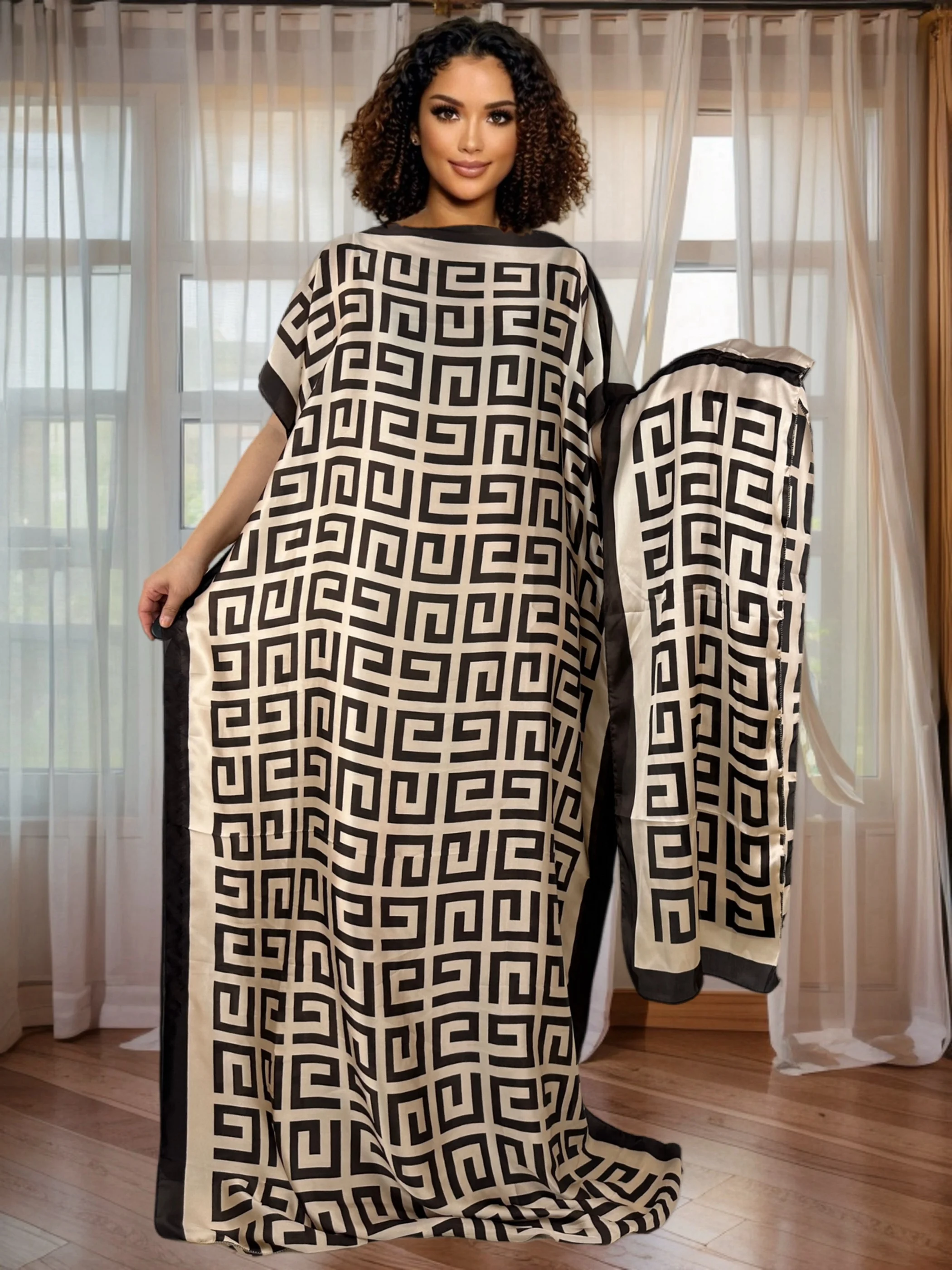 

Plus Size Elegant Batwing Sleeve Maxi Kaftan Floral Print Dress with Headscarf