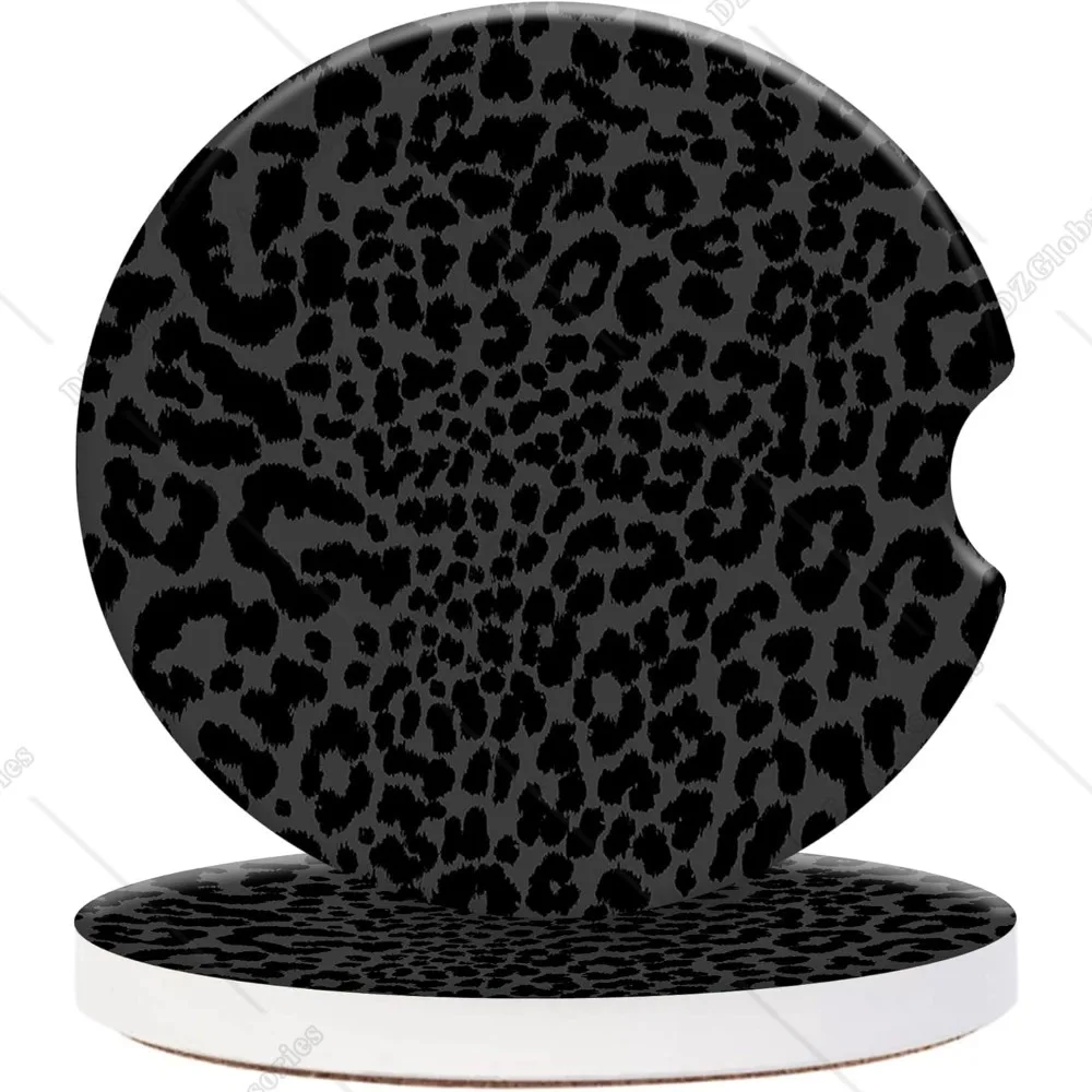 2 Pack Leopard Ceramic Car Coasters Black Cheetah Printed Absorbent Car Cup Holder Coaster Auto Accessories with Finger Notch