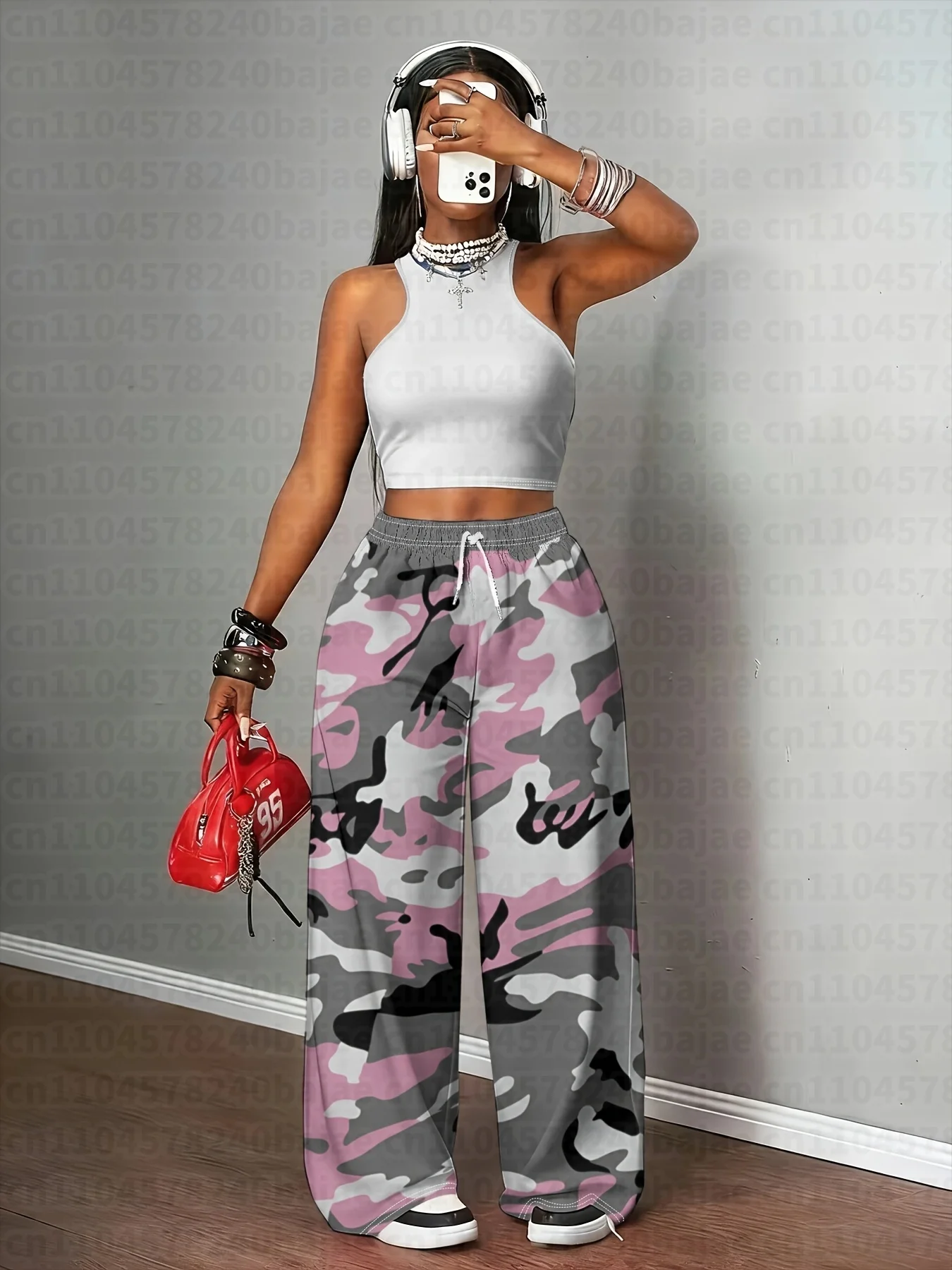 Damen-Freizeithose mit weichem Camouflage-Print in Rosa, Grau und Schwarz, weites Bein, elastischer Bund mit Kordelzug, gerade geschnittene Hose mit weitem Bein – Detail 5