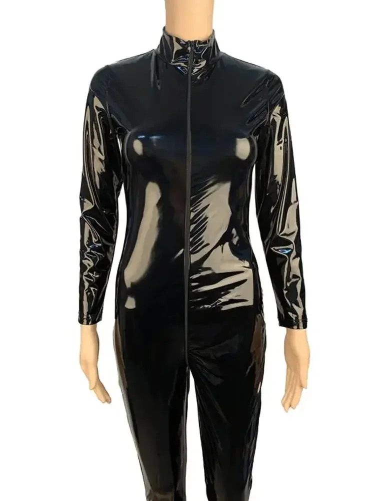 S-5XL Unisex Wet Look PVC Catsuit Long Sleeve Shiny PU Leather Open Crotch Bodysuit Tigths Leotard Conjoined Jumpsuit Sexy Body