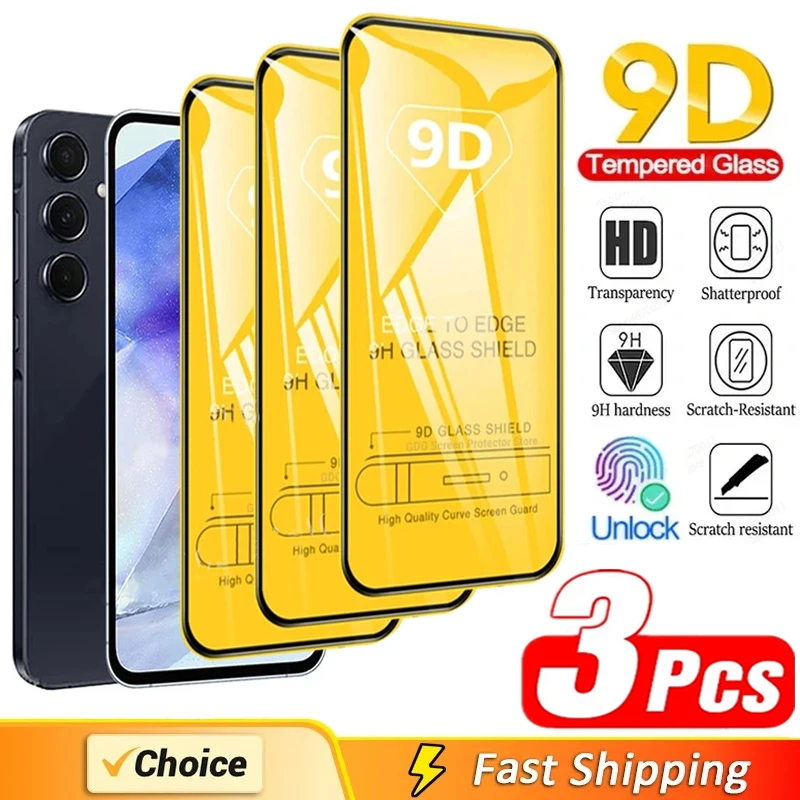 

3Pcs 9D Screen Protector for Samsung A55 A15 A54 A34 A13 A14 A53 A52 A12 A33 A52S A32 A35 A71 A51 A22 S10E S20FE Tempered Glass