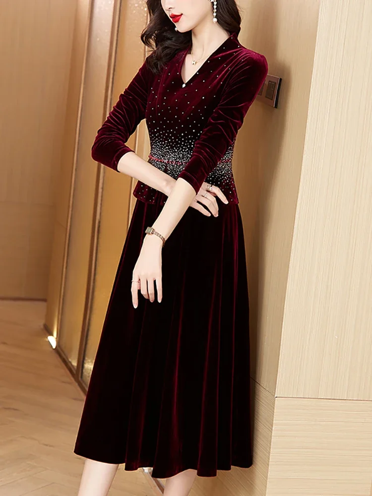 Autumn Winter Red Velvet Patchwork Ruffled Long Dress Fashion Sequins Luxury Female\'s Dress 2024 Vintage Elegant Evening Dresses