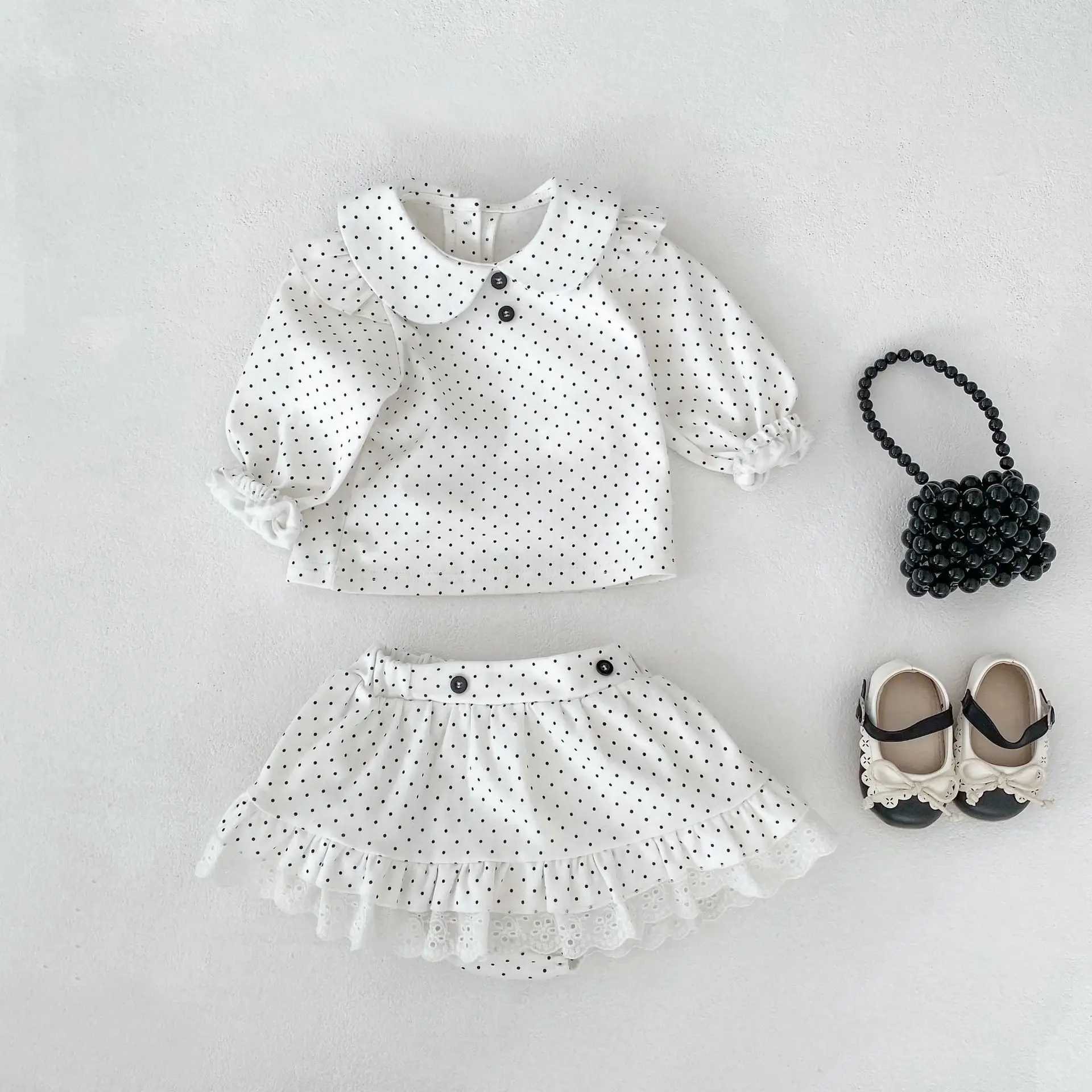 

2026 Spring New Baby Long Sleeve Clothes Set Baby Girl Peter Pan Collar Polka Dot Tops + Shorts 2pcs Suit Toddler Cotton Outfits