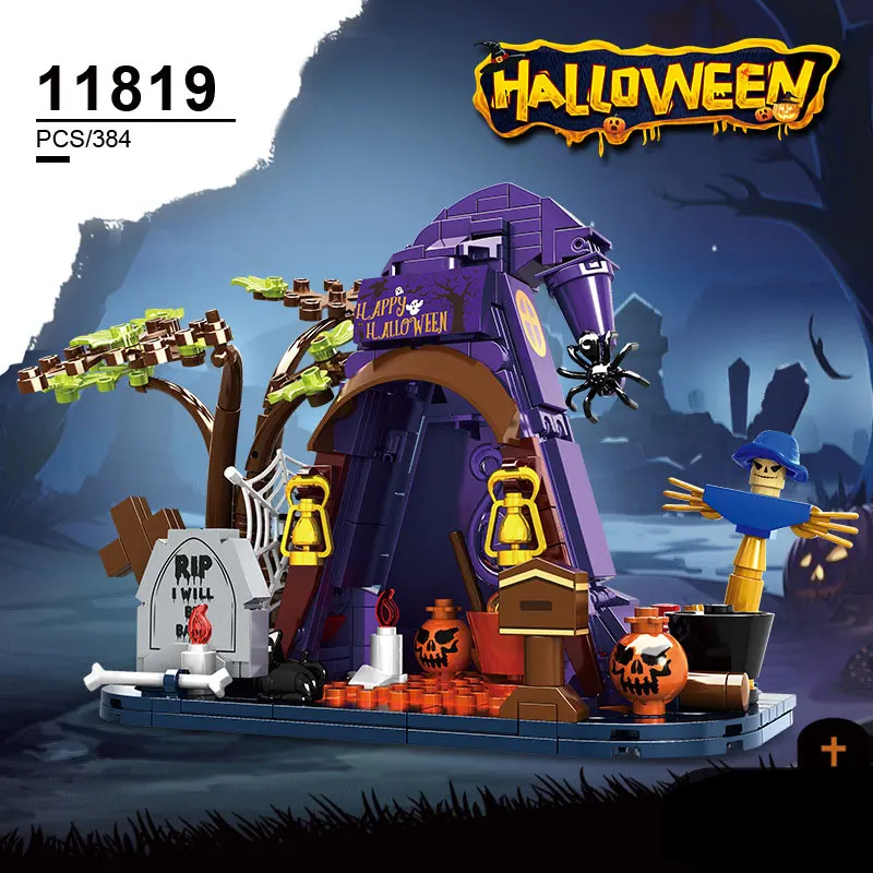 MOC اللبنات هالوين منزل مسكون أطقم منمذجة سقف الميل الحلي الطوب الإبداعي تجميعها لغز لتقوم بها بنفسك لعبة الأطفال هدية