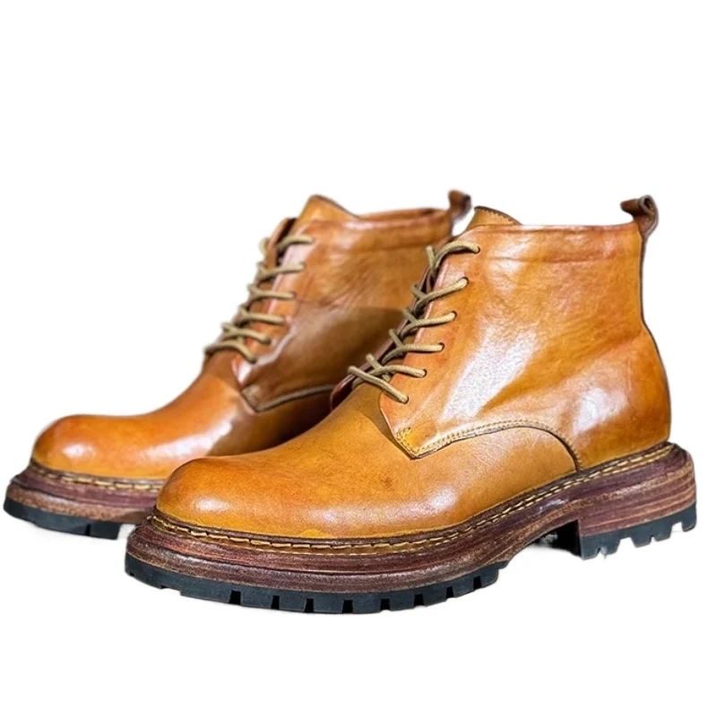 

Original Design Handmade Leather Shoes for Men's Retro Thick-soled Heightened Derby Shoes Casual High-top Big Head Leather Shoes