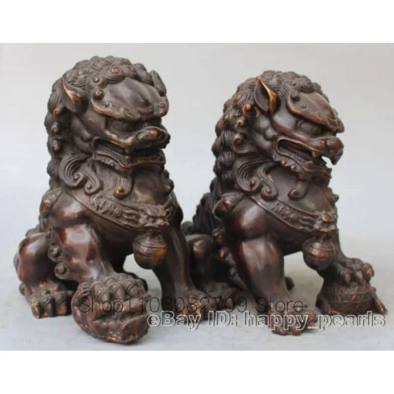 Antique Fengshui Bronze Guardian Fu Foo Dogs Lion Door Leo Statues Lions Pair