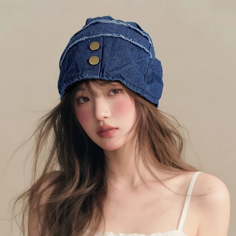 

Korean Retro Washed Denim Beanies for Women Spring Autumn Travel Casual Versatile Layered Rough Edge Design Pullover Hats Men