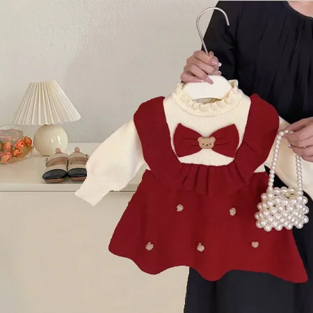 

1-8Y Girls Autumn Winter Dress Lace Collar Bow Cartoon Bear Kids Girls Frock Woolen Ball Decoration Toddler Girls Birthday Dress