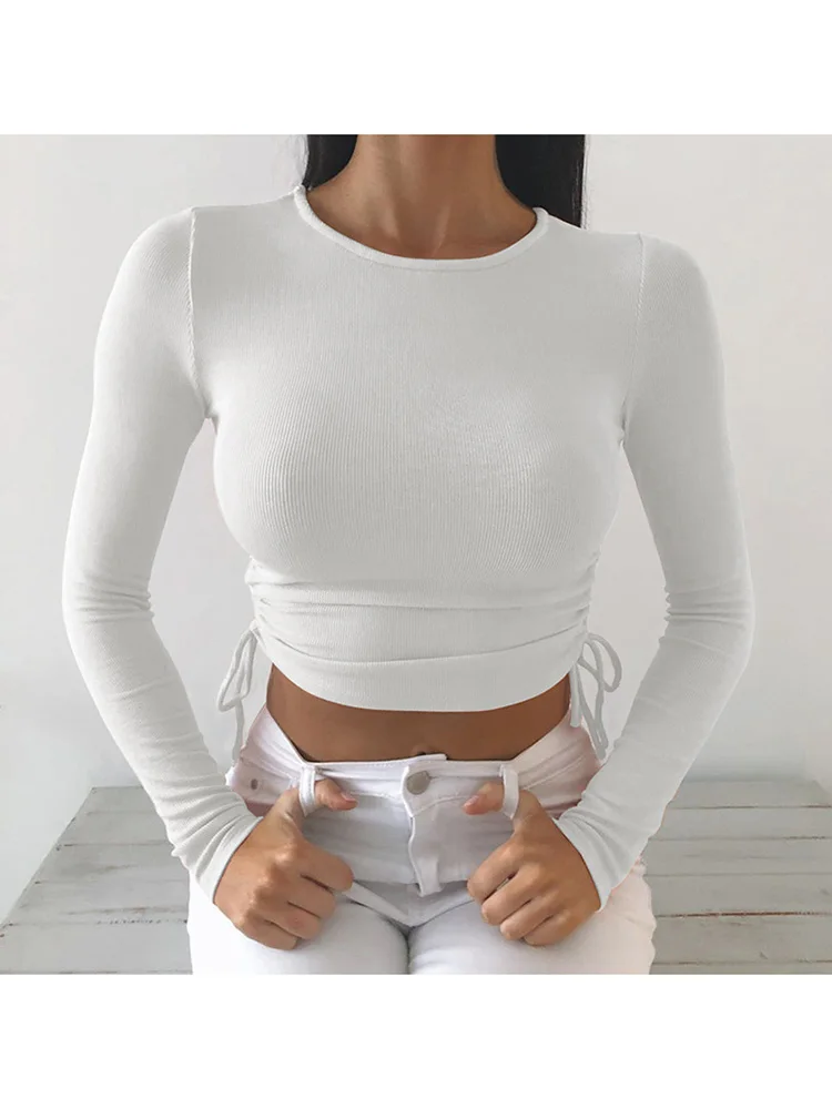 بلوزة نسائية برقبة دائرية وأكمام طويلة بقصة ضيقة ، تي شيرت بأربطة غير منتظمة ، محبوك سادة ، مثير ، خريف ،!