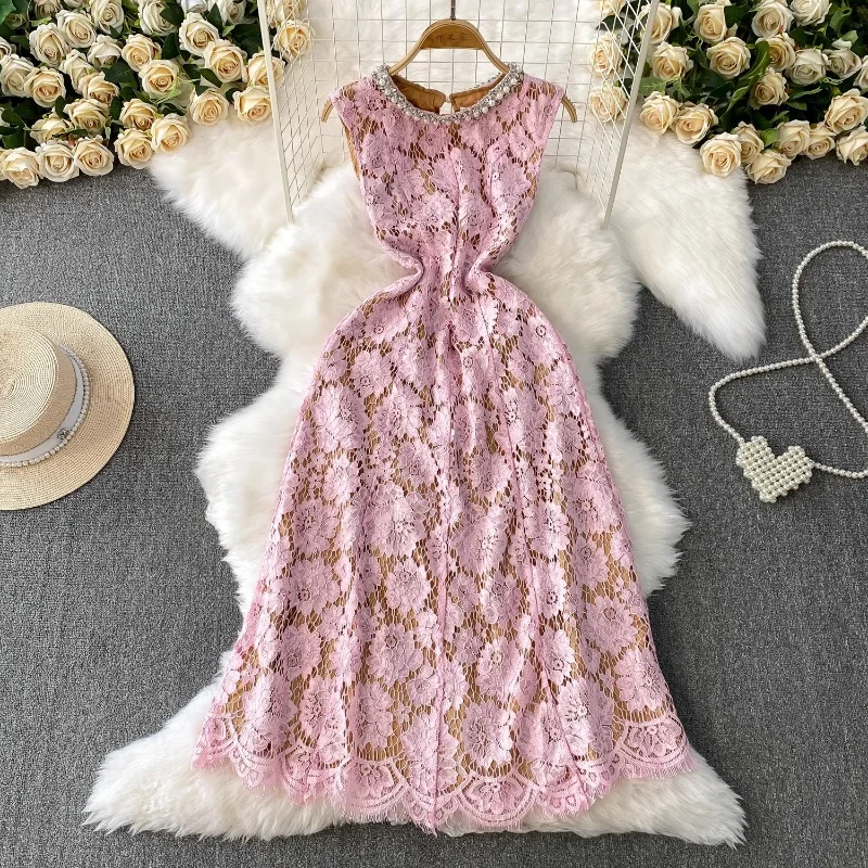 

Luxury Diamonds Embroidery Party Dress Women Elegant O-Collar Pearls Chain Decor Hollow Out Lace Evening Dresses Summer Robes