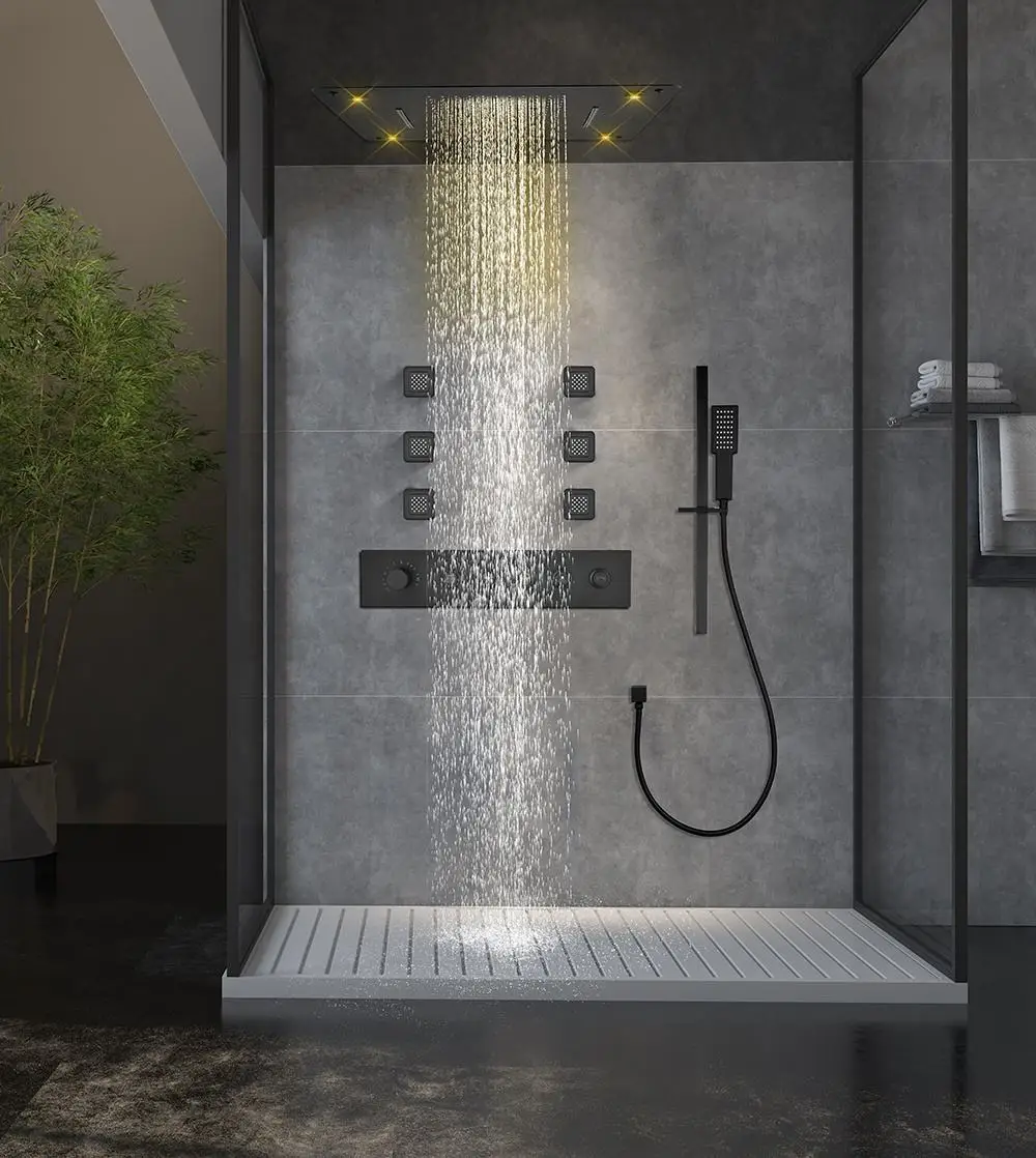 

Upgrade Bathroom faucet with the 580x500 Thermostatic Shower head Set,Concealed Rainfall Showerhead, Mixing Valve, Wall Jets