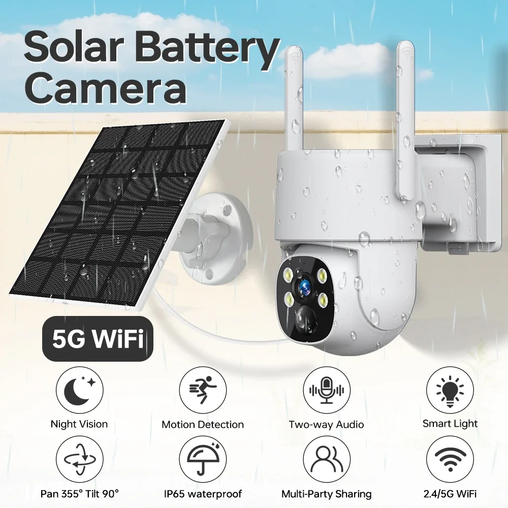 

4MP QHD WiFi PTZ Camera Outdoor Wireless Solar IP Camera Built-in Battery Video Surveillance Camera Long Time Standby