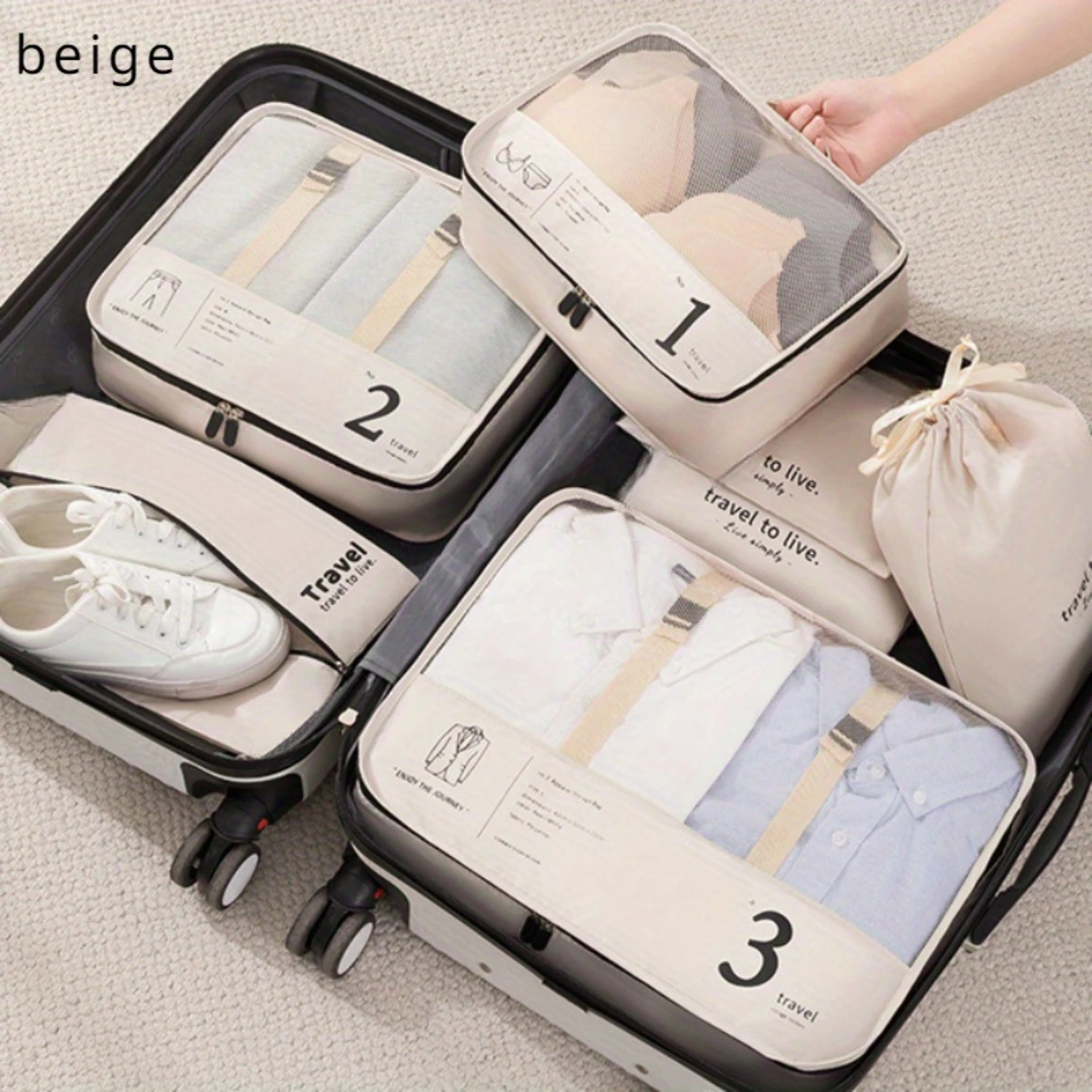 7pc Travel Organizer Set, Polyester Packing Cubes With Clothing, Underwear & Cosmetic Bags, Efficient Luggage Sorting Pouches, V